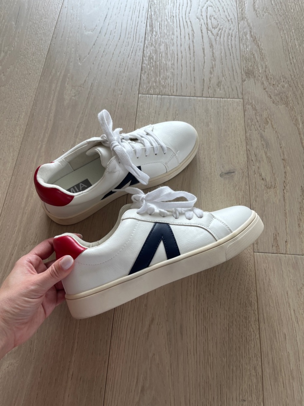 MIA White Sneakers with Navy Accent and Red Heel